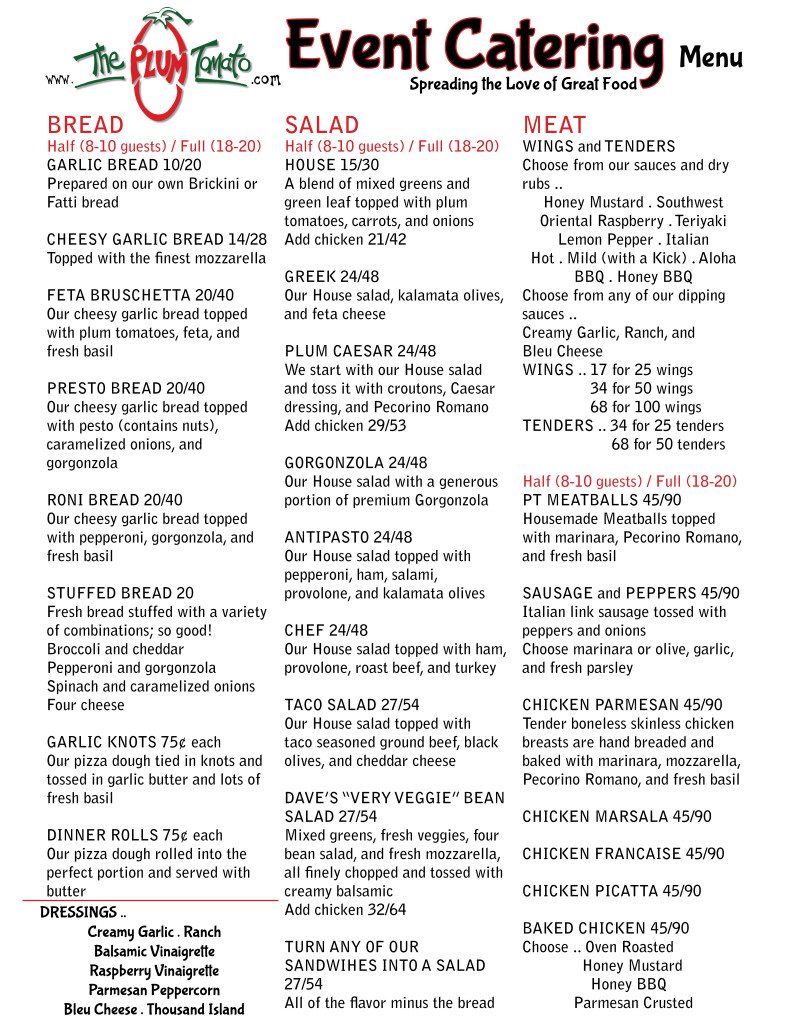Catering Menu Side 1 The Plum Tomato