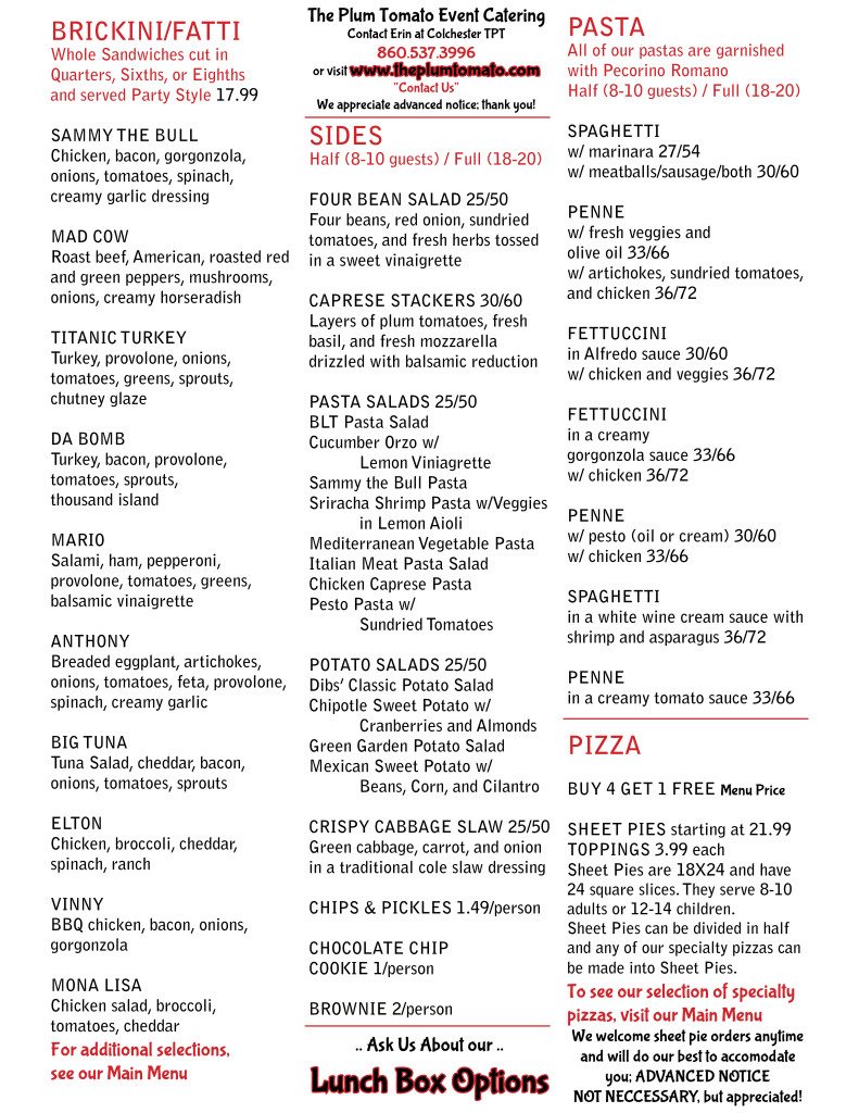 Catering Menu Side 2 The Plum Tomato